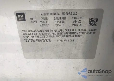 2013 Chevrolet Malibu 1Ls z USA, uszkodzony, nr VIN 1G11B5SA9DF293538